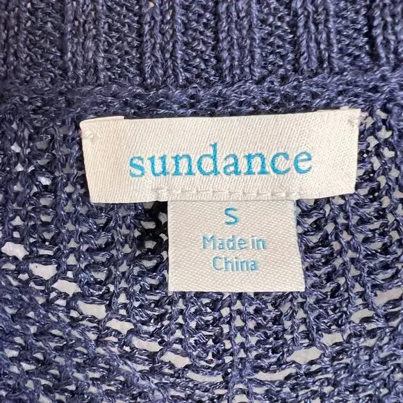 Sundance Linen Blend Open Knit Cardigan Chevron Blue Relaxed Boho in Blue W's Sm - Picture 6 of 7